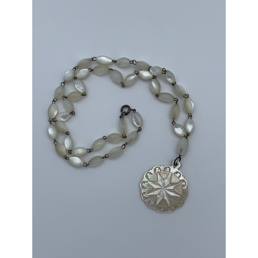 Vintage Mother of Pearl Carved Star Pendant Necklace Iridescent MOP Bead Chain